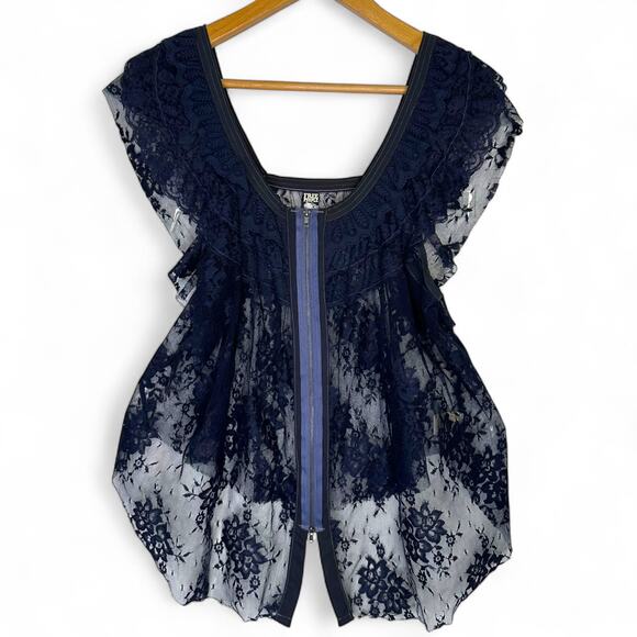 Free People Women's Lace Zip Top Size M Navy Blue Dual Zipper Front Ruffle - Picture 7 of 8